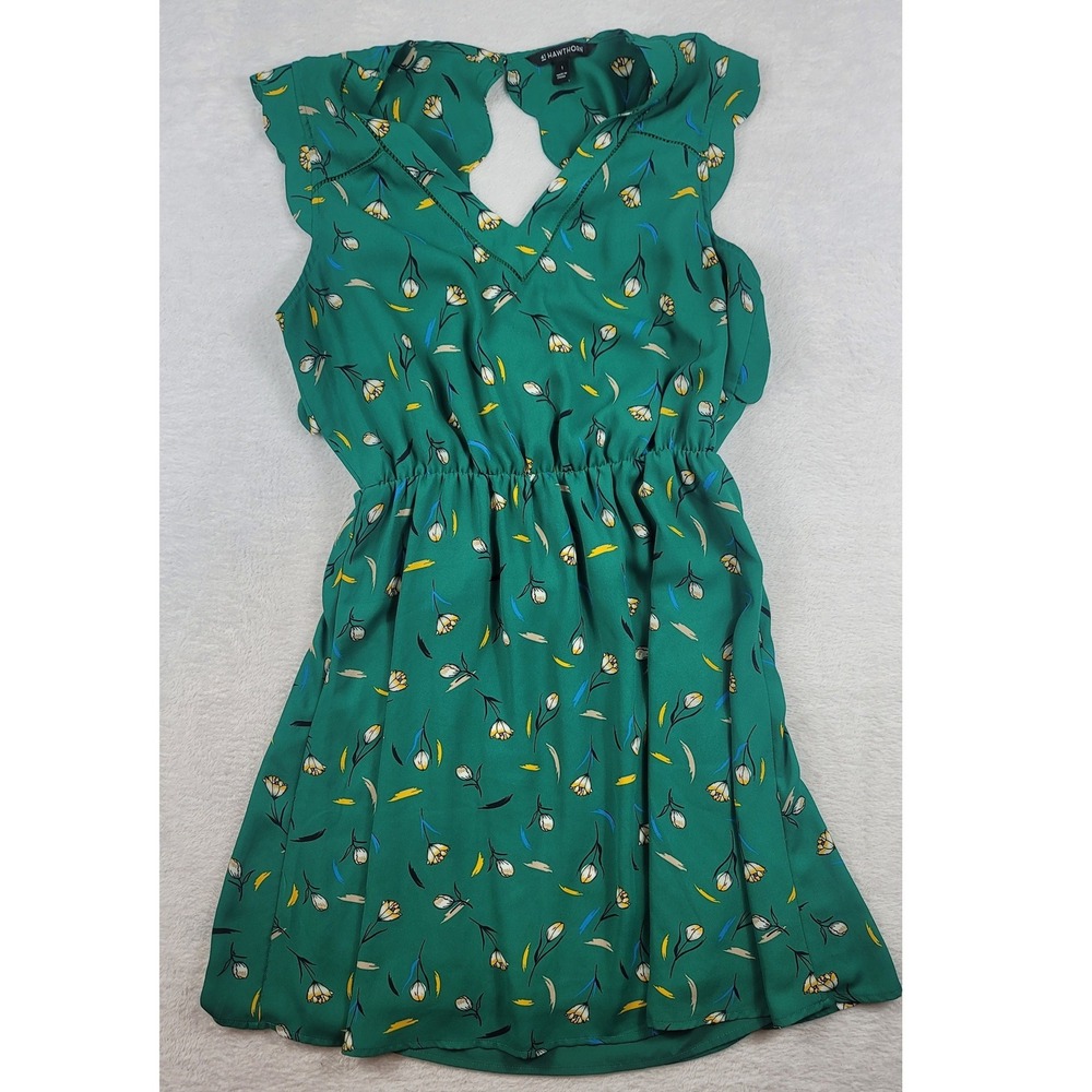 41 Hawthorn Green Floral Tulip V-Neck Scallop Trim Mini Dress Large WGW70283